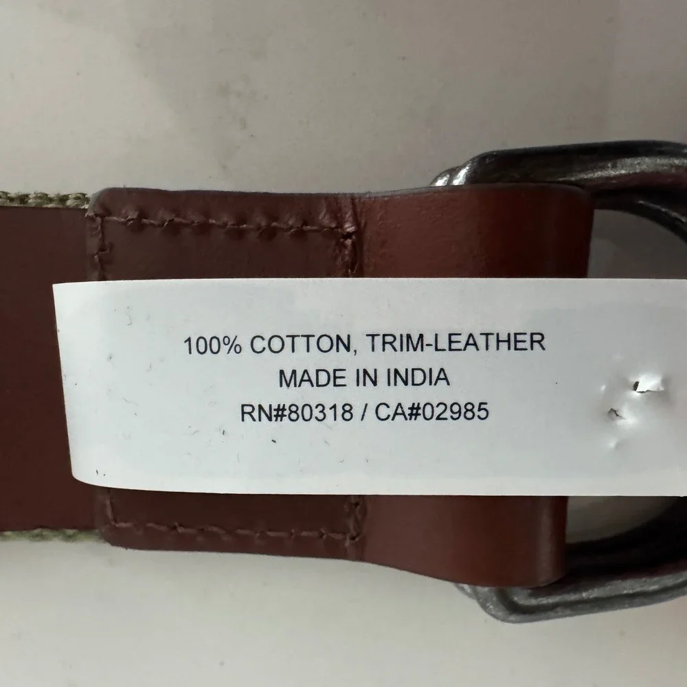 Lucky Brand D-Ring Canvas Belt Mens 36 Green Cotton Webbed‎ Leather Trim NWOT